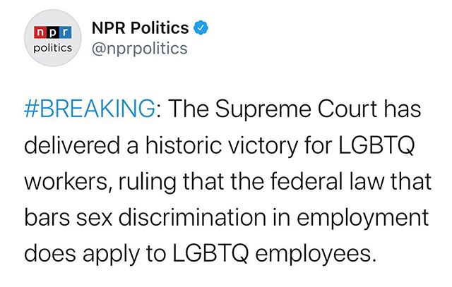 No one should be denied a job because of who they love or how they identify. Full stop. This is a huge victory and worth huge celebrations during #Pride2020  and beyond.